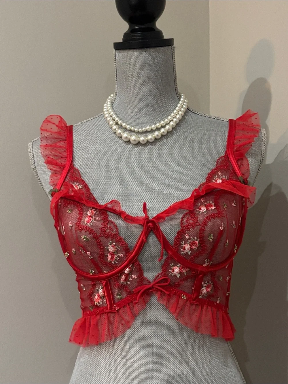 Love & Lemons Rouge Underwire Bustier featuring red lace, floral embroidery